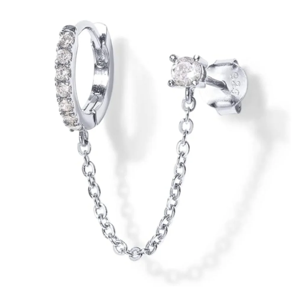 14K Gold Double Piercing Dangle Chain Huggie Hoop CZ Earrings In White Gold
